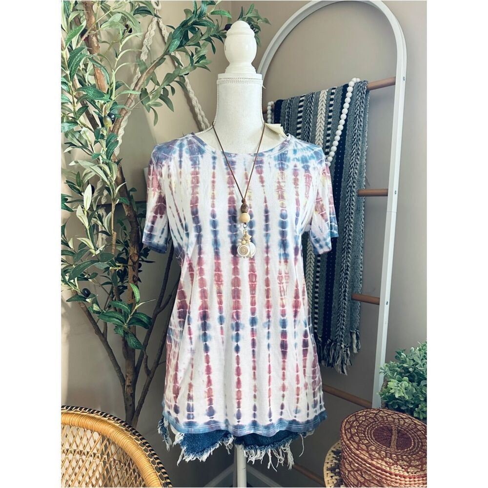 NWT Mystree Boutique Tie Dye Top Small | Boho Cotton Tee Blue Pink Relaxed Fit